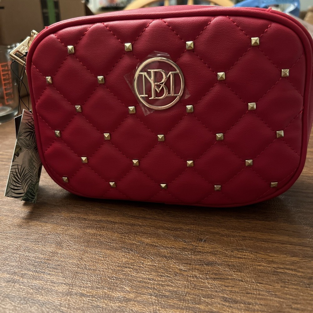 BADGLEY MISCHKA  Red Quilted Studded Logo Chain Camera Bag NWT‎